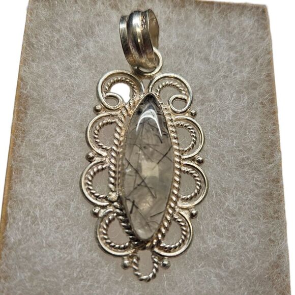 Vintage Rutilated Quartz Marquise Pendant 925 Sterling Silver Filigree - Picture 2 of 6